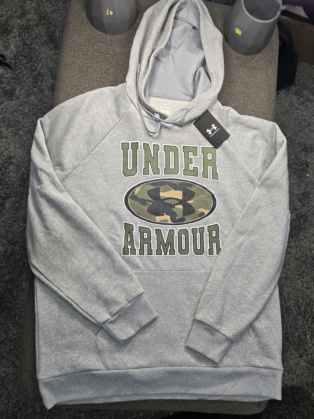 Under Armour Men's Light Gray Hoodie with Green Camo Logo New With Tags